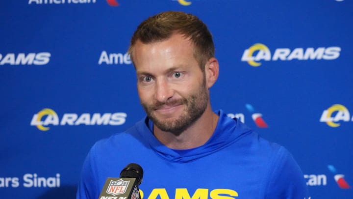 Oct 19, 2025; London, United Kingdom; Los Angeles Rams head coach Sean McVay at a press conference after a NFL International Series game against the Jacksonville Jaguars at Wembley Stadium. Mandatory Credit: Kirby Lee-Imagn Images