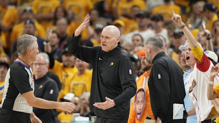 Jun 13, 2025; Indianapolis, Indiana, USA; Indiana Pacers head coach Rick Carlisle reacts after a play against the Oklahoma City Thunder during the first half during game four of the 2025 NBA Finals at Gainbridge Fieldhouse. Mandatory Credit: Kyle Terada-Imagn Images