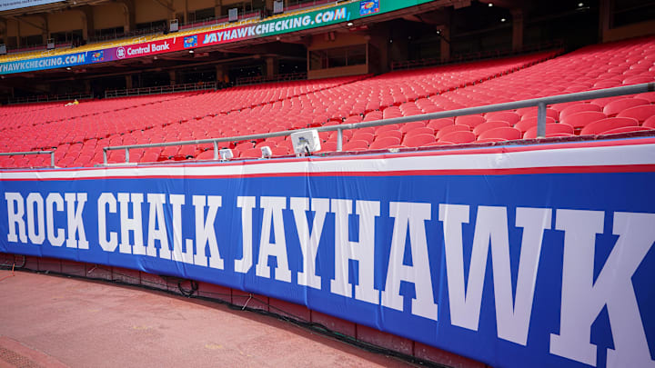 Sep 28, 2024; Kansas City, Missouri, USA; A general view of logo placement before a game between the Kansas Jayhawks and TCU Horned Frogs at GEHA Field at Arrowhead Stadium. Mandatory Credit: Denny Medley-Imagn Images