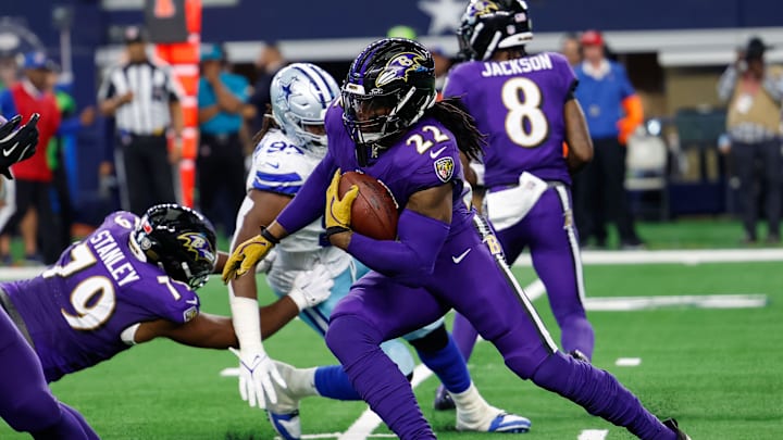Sep 22, 2024; Arlington, Texas, USA; Baltimore Ravens running back Derrick Henry (22) rushes during the second quarter against the Dallas Cowboys at AT&T Stadium. Mandatory Credit: Andrew Dieb-Imagn Images