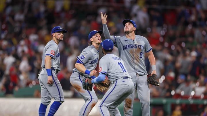 Jul 12, 2024; Boston, Massachusetts, USA; Kansas City Royals shortstop Bobby Witt Jr (7) and Kansas City Royals first baseman Vinnie Pasquantino (9) celebrate after defeating the Boston Red Sox at Fenway Park. Mandatory Credit: Paul Rutherford-USA TODAY Sports