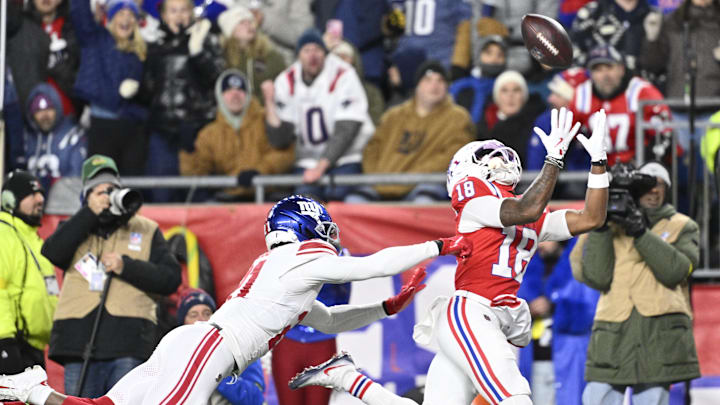 New England Patriots wide receiver Kyle Williams (18) catches a pass for a touchdown.