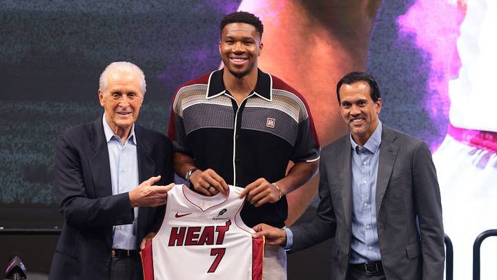 Jul 16, 2026; Miami, FL, USA; Miami Heat forward Giannis Antetokounmpo (7) is introduced as a new member of the team by Miami Heat president Pat Riley (left) and head coach Erik Spoelstra (right) during a press conference at Kaseya Center. Mandatory Credit: Sam Navarro-Imagn Images Jul 16, 2026; Miami, FL, USA; Miami Heat forward Giannis Antetokounmpo (7) is introduced as a new member of the team by Miami Heat president Pat Riley (left) and head coach Erik Spoelstra (right) during a press conference at Kaseya Center. Mandatory Credit: Sam Navarro-Imagn Images