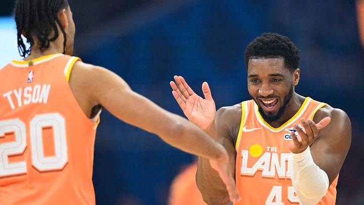 Jan 26, 2026; Cleveland, Ohio, USA; Cleveland Cavaliers guard Jaylon Tyson (20) and guard Donovan Mitchell (45) celebrate in the first quarter against the Orlando Magic at Rocket Arena. Mandatory Credit: David Richard-Imagn Images Jan 26, 2026; Cleveland, Ohio, USA; Cleveland Cavaliers guard Jaylon Tyson (20) and guard Donovan Mitchell (45) celebrate in the first quarter against the Orlando Magic at Rocket Arena. Mandatory Credit: David Richard-Imagn Images