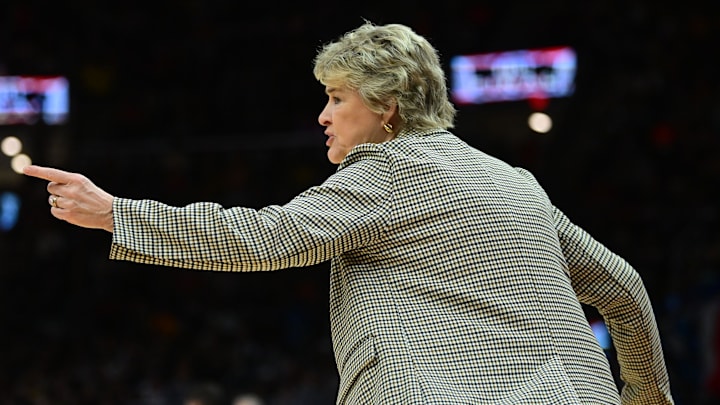 Apr 5, 2024; Cleveland, OH, USA; Iowa Hawkeyes head coach Lisa Bluder reacts against the Connecticut Huskies in the semifinals of the Final Four of the womens 2024 NCAA Tournament at Rocket Mortgage FieldHouse. Mandatory Credit: Ken Blaze-Imagn Images