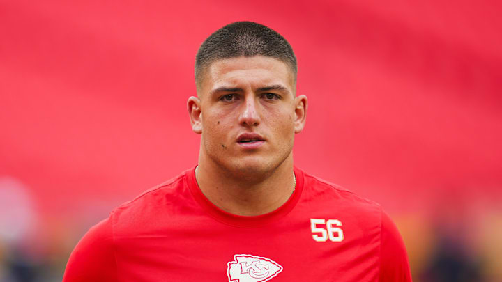 Aug 22, 2024; Kansas City, Missouri, USA; Kansas City Chiefs defensive end George Karlaftis (56) warms up prior to a game against the Chicago Bears at GEHA Field at Arrowhead Stadium. Mandatory Credit: Jay Biggerstaff-Imagn Images