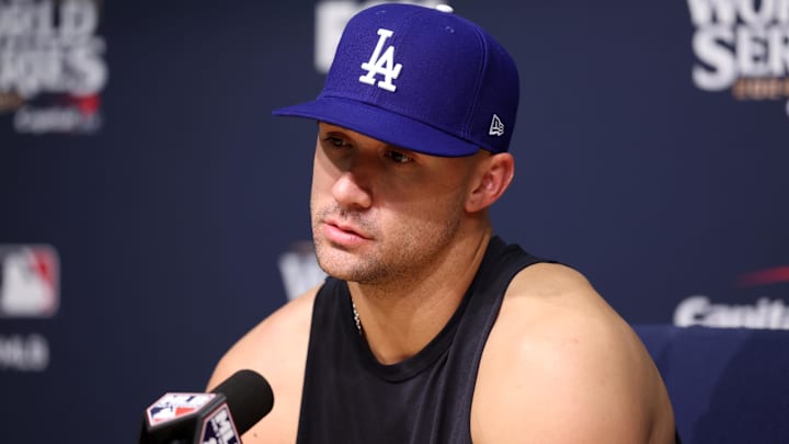 Oct 25, 2024; Los Angeles, California, USA; Los Angeles Dodgers pitcher Jack Flaherty (0) speaks in a press conference after defeating the New York Yankees in game one of the 2024 MLB World Series at Dodger Stadium. Mandatory Credit: Kiyoshi Mio-Imagn Images
