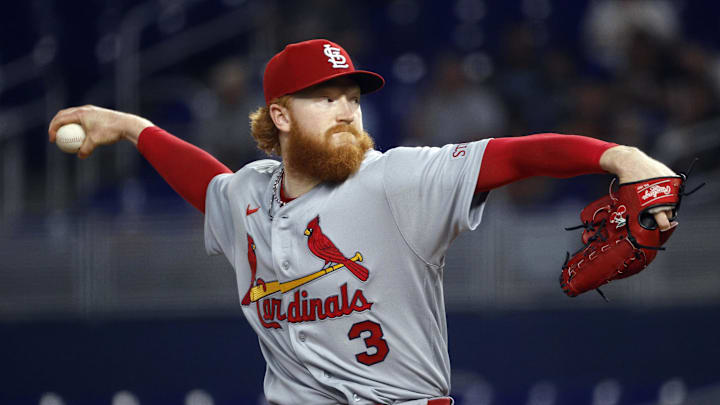 Apr 21, 2026; Miami, Florida, USA;  St. Louis Cardinals starting pitcher Dustin May (3) throws against the Miami  during the first inning at loanDepot Park. Mandatory Credit: Rhona Wise-Imagn Images