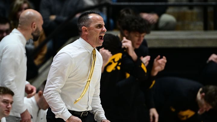 Jan 14, 2026; West Lafayette, Indiana, USA; Iowa Hawkeyes head coach Ben McCollum reacts to a call during the first half against the Purdue Boilermakers at Mackey Arena. Mandatory Credit: Marc Lebryk-Imagn Images