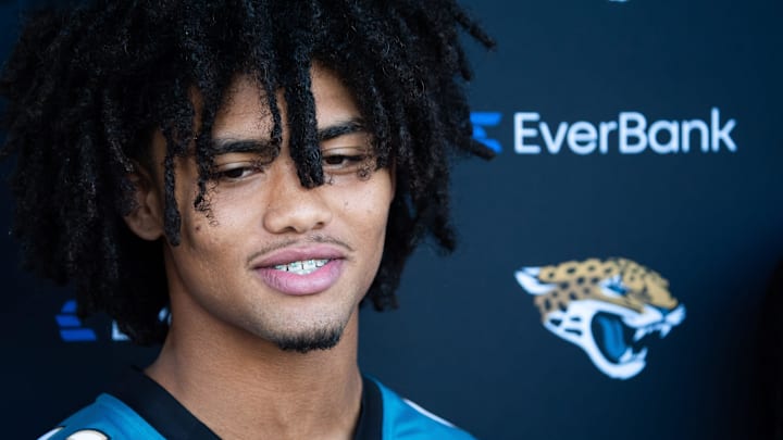 Brysen Wright, a member of the Jaguars Elite 14U talks about his team’s win at the NFL Flag Championships at the Pro Football Hall of Fame Village in Canton, Ohio. during an NFL training camp fourth session at the Miller Electric Center, Sunday, July 27, 2025, in Jacksonville, Fla. [Doug Engle/Florida Times-Union]