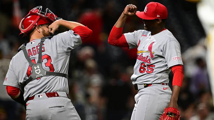 Apr 27, 2026; Pittsburgh, Pennsylvania, USA; St. Louis Cardinals relief pitcher George Soriano (65) is congratulated by catcher Pedro Pages (43) after the Cardinals defeated the Pittsburgh Pirates in a baseball game at PNC Park. Mandatory Credit: David Dermer-Imagn Images