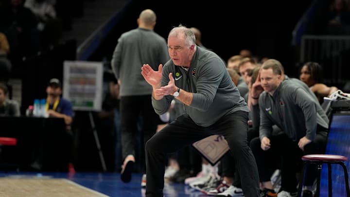 Mar 11, 2025; Charlotte, NC, USA; Virginia Tech Hokies head coach Mike Young reacts in the second half at Spectrum Center. Mandatory Credit: Bob Donnan-Imagn Images