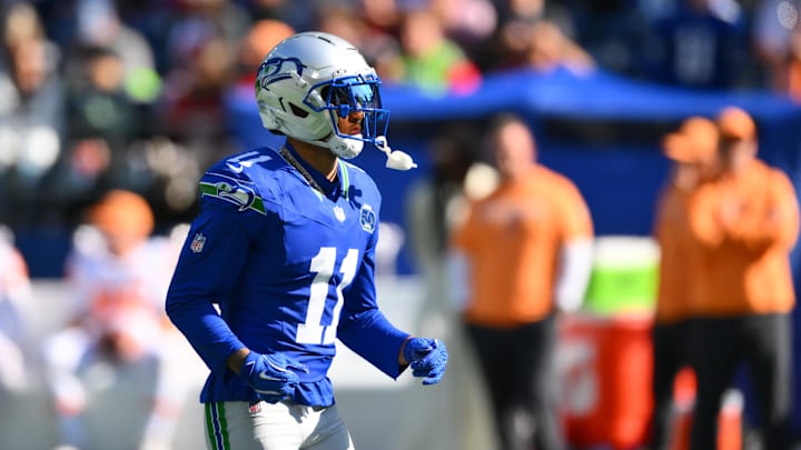 Oct 5, 2025; Seattle, Washington, USA; Seattle Seahawks wide receiver Jaxon Smith-Njigba (11) warms up prior to a game against the Tampa Bay Buccaneers at Lumen Field. Mandatory Credit: Steven Bisig-Imagn Images