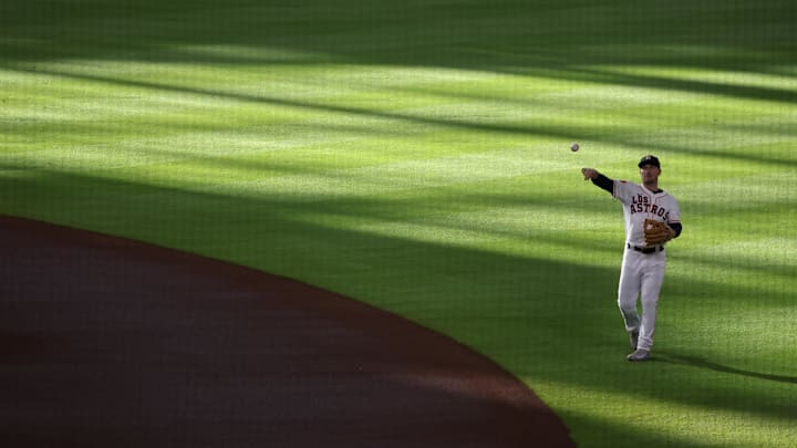 Houston Astros third baseman Alex Bregman (2) warms up before playing against the Los Angeles Angels at Minute Maid Park on Sept 21.