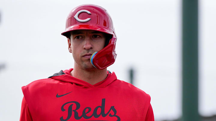 Cincinnati Reds outfielder Spencer Steer (7) walks between batting stations at the Cincinnati Reds Player Development Complex in Goodyear, Ariz., on Thursday, Feb. 13, 2025. Cincinnati Reds outfielder Spencer Steer (7) walks between batting stations at the Cincinnati Reds Player Development Complex in Goodyear, Ariz., on Thursday, Feb. 13, 2025.