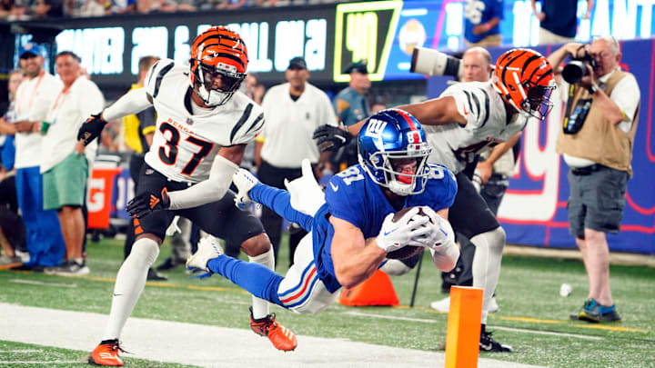 New York Giants wide receiver Alex Bachman (81) leaps into the endzone for a touchdown. The Giants defeat the Bengals, 25-22, in a preseason game at MetLife Stadium on August 21, 2022, in East Rutherford.
Nfl Ny Giants Preseason Game Vs Bengals Bengals At Giants New York Giants wide receiver Alex Bachman (81) leaps into the endzone for a touchdown. The Giants defeat the Bengals, 25-22, in a preseason game at MetLife Stadium on August 21, 2022, in East Rutherford.
Nfl Ny Giants Preseason Game Vs Bengals Bengals At Giants
