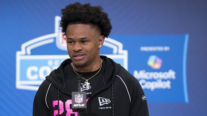 Feb 26, 2026; Indianapolis, IN, USA; Duke defensive back Chandler Rivers (DB28) speaks to members of the media during the NFL Combine at the Indiana Convention Center. Mandatory Credit: Jacob Musselman-Imagn Images
