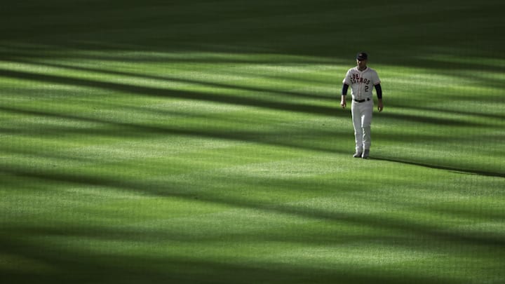 Sep 21, 2024; Houston, Texas, USA; Houston Astros third baseman Alex Bregman (2) warms up before playing against the Los Angeles Angels at Minute Maid Park. Mandatory Credit: Thomas Shea-Imagn Images