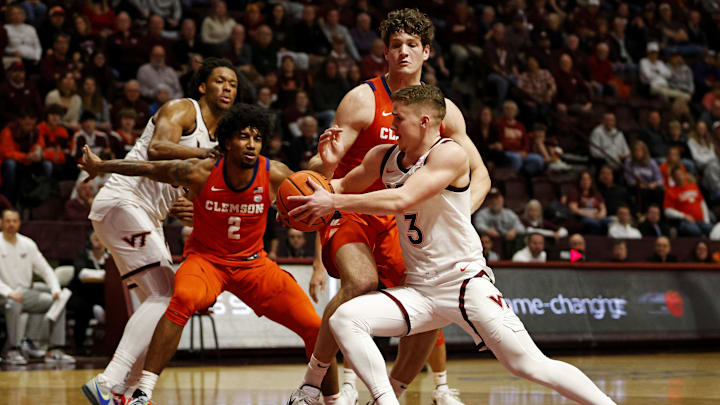 Jan 10, 2024; Blacksburg, Virginia, USA; Virginia Tech Hokies guard Sean Pedulla (3) drives to the