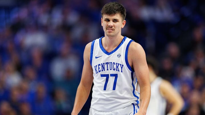 Nov 9, 2024; Lexington, Kentucky, USA; Kentucky Wildcats guard Kerr Kriisa (77) reacts during the second half against the Bucknell Bison at Rupp Arena at Central Bank Center. Mandatory Credit: Jordan Prather-Imagn Images