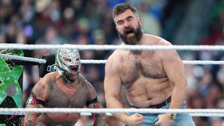 Apr 6, 2024; Philadelphia, PA, USA; Jason Kelce (right) appears during Rey Mysterio & Dragon Lee