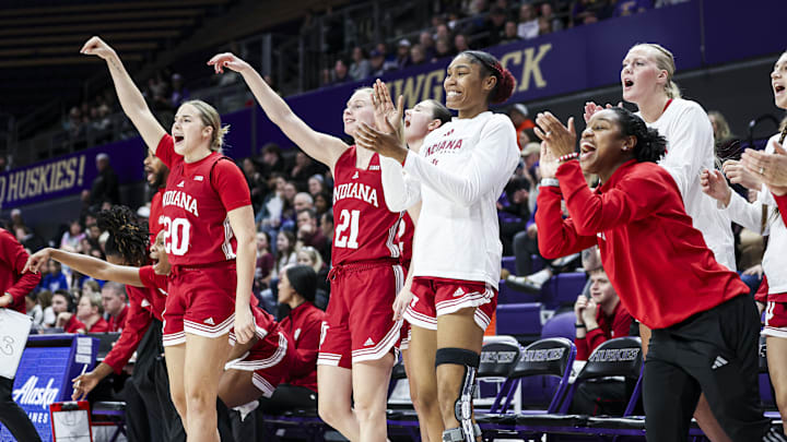 Indiana's bench celebrates during the Hoosiers' 73-70 victory at Washington on Jan. 27, 2025.