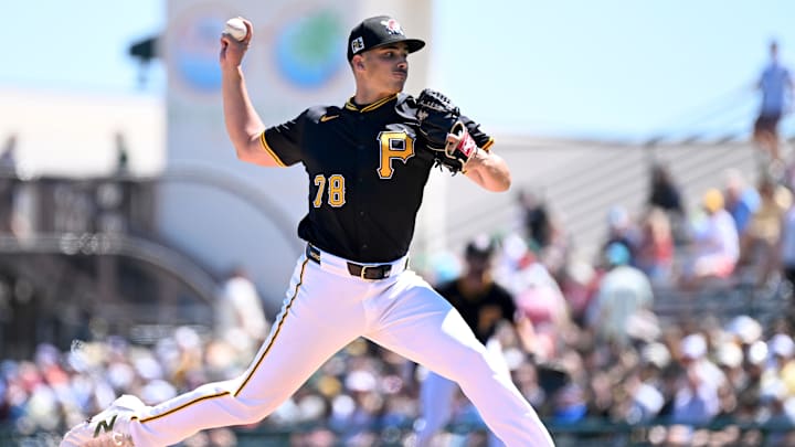Mar 18, 2025; Bradenton, Florida, USA; Pittsburgh Pirates starting pitcher Thomas Harrington (78) throws a pitch in the first inning against the Philadelphia Phillies during spring training at LECOM Park. Mandatory Credit: Jonathan Dyer-Imagn Images