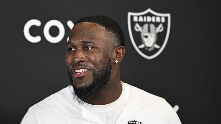 Jun 11, 2025; Henderson, NV, USA; Las Vegas Raiders linebacker Devin White (45) speaks to the media during Las Vegas Raiders Minicamp at Intermountain Health Performance Center. Mandatory Credit: Candice Ward-Imagn Images Jun 11, 2025; Henderson, NV, USA; Las Vegas Raiders linebacker Devin White (45) speaks to the media during Las Vegas Raiders Minicamp at Intermountain Health Performance Center. Mandatory Credit: Candice Ward-Imagn Images