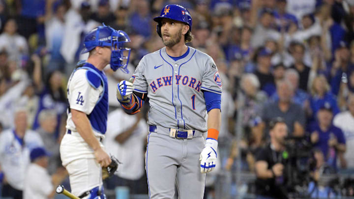 Oct 20, 2024; Los Angeles, California, USA; New York Mets second baseman Jeff McNeil (1) reacts after striking out in the third inning against the Los Angeles Dodgers during game six of the NLCS for the 2024 MLB playoffs at Dodger Stadium. Mandatory Credit: Jayne Kamin-Oncea-Imagn Images