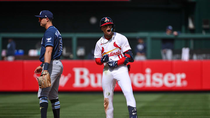 Mar 29, 2026; St. Louis, Missouri, USA; St. Louis Cardinals shortstop Masyn Winn (0) reacts after hitting a double against the Tampa Bay Rays sixth inning at Busch Stadium. Mandatory Credit: Jeff Curry-Imagn Images