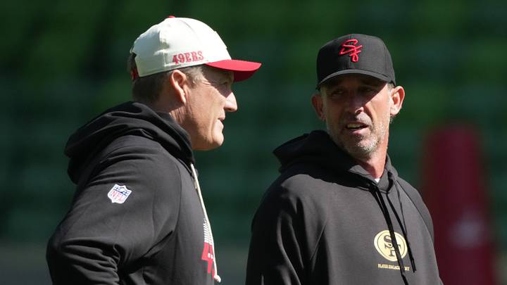Melbourne, Victoria, Australia; San Francisco 49ers head coach Kyle Shanahan (right) and general manager John Lynch at practice at AAMI Park. Mandatory Credit: Kirby Lee-Imagn Images Melbourne, Victoria, Australia; San Francisco 49ers head coach Kyle Shanahan (right) and general manager John Lynch at practice at AAMI Park. Mandatory Credit: Kirby Lee-Imagn Images