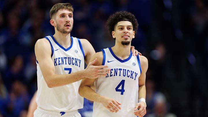 Nov 29, 2024; Lexington, Kentucky, USA; Kentucky Wildcats forward Andrew Carr (7) celebrates with guard Koby Brea (4) during the second half against the Georgia State Panthers at Rupp Arena at Central Bank Center. Mandatory Credit: Jordan Prather-Imagn Images