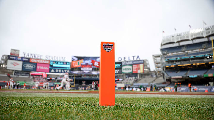 Dec 28, 2023; Bronx, NY, USA; Endzone pylon pictured at Yankee Stadium before the 2023 Pinstripe Bowl game between the Rutgers Scarlet Knights and the Miami Hurricanes. Mandatory Credit: Vincent Carchietta-Imagn Images
