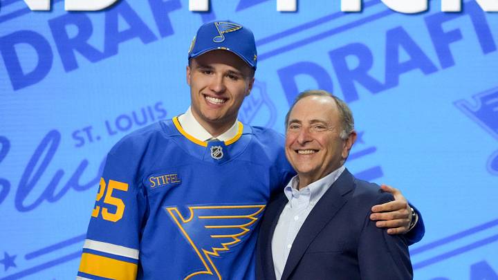 Jun 27, 2025; Los Angeles, California, USA; Justin Carbonneau is selected as the 19th overall pick to the St. Louis Blues in the first round of the 2025 NHL Draft at Peacock Theater. Mandatory Credit: Kirby Lee-Imagn Images