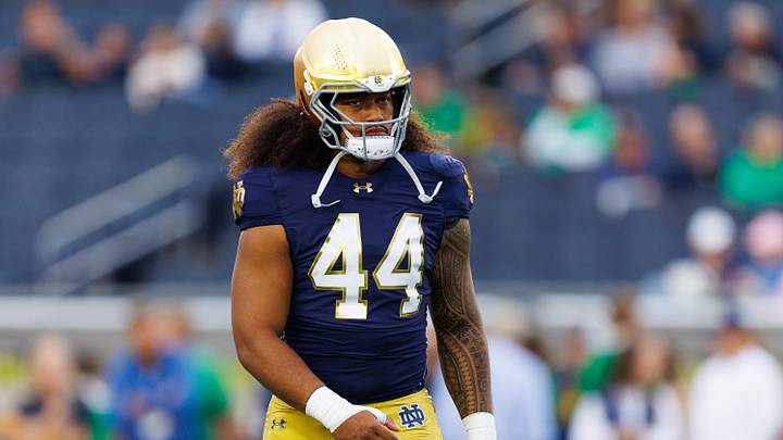 Notre Dame defensive lineman Junior Tuihalamaka warms up before a NCAA football game against Texas A&M at Notre Dame Stadium on Saturday, Sept. 13, 2025, in South Bend. Notre Dame defensive lineman Junior Tuihalamaka warms up before a NCAA football game against Texas A&M at Notre Dame Stadium on Saturday, Sept. 13, 2025, in South Bend.