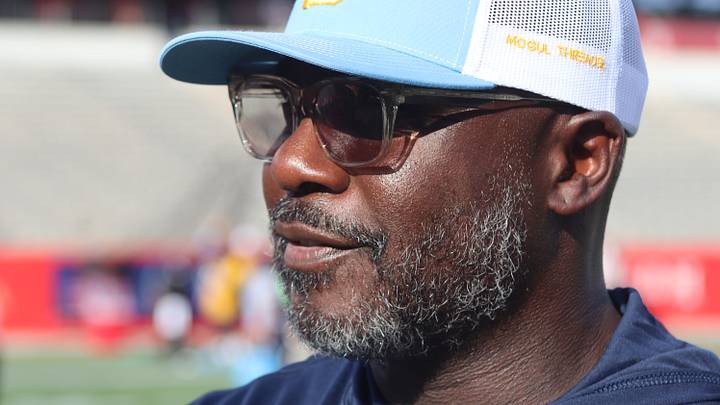 Sept. 12, 2026; Southern University Jaguars head football coach Marshall Faulk looking at his team in pregame warmups before facing the University of Houston Cougars at TDECU Stadium in Houston, Texas. Sept. 12, 2026; Southern University Jaguars head football coach Marshall Faulk looking at his team in pregame warmups before facing the University of Houston Cougars at TDECU Stadium in Houston, Texas.