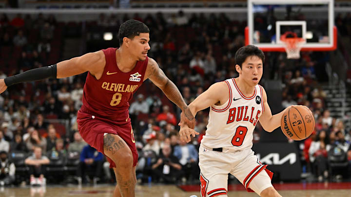 Oct 9, 2025; Chicago, Illinois, USA; Chicago Bulls guard Yuki Kawamura (8) drives the ball against Cleveland Cavaliers guard Killian Hayes (8) during the second half at United Center. Mandatory Credit: Patrick Gorski-Imagn Images Oct 9, 2025; Chicago, Illinois, USA; Chicago Bulls guard Yuki Kawamura (8) drives the ball against Cleveland Cavaliers guard Killian Hayes (8) during the second half at United Center. Mandatory Credit: Patrick Gorski-Imagn Images