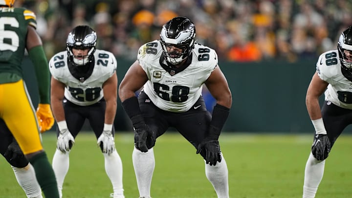 Nov 10, 2025; Green Bay, Wisconsin, USA;  Philadelphia Eagles offensive tackle Jordan Mailata (68) during the game against the Green Bay Packers at Lambeau Field. Mandatory Credit: Jeff Hanisch-Imagn Images