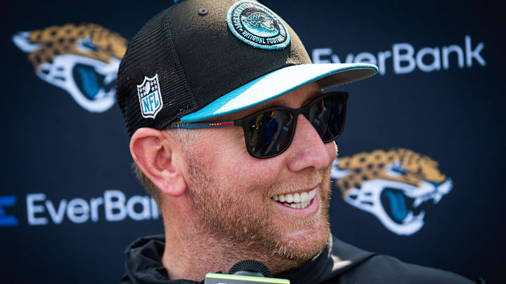 Jacksonville Jaguars head coach Liam Coen smiles while answering questions during a press conference after the seventh organized team activity at the Miller Electric Center in Jacksonville, Fla. Monday, June 2, 2025. [Doug Engle/Florida Times-Union]