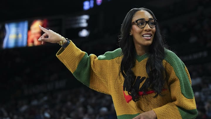 Apr 26, 2026; Las Vegas, NV, USA; Las Vegas Aces center A'ja Wilson (22) gestures towards the court in the first quarter of their game against Team Japan at Michelob Ultra Arena. Mandatory Credit: Candice Ward-Imagn Images