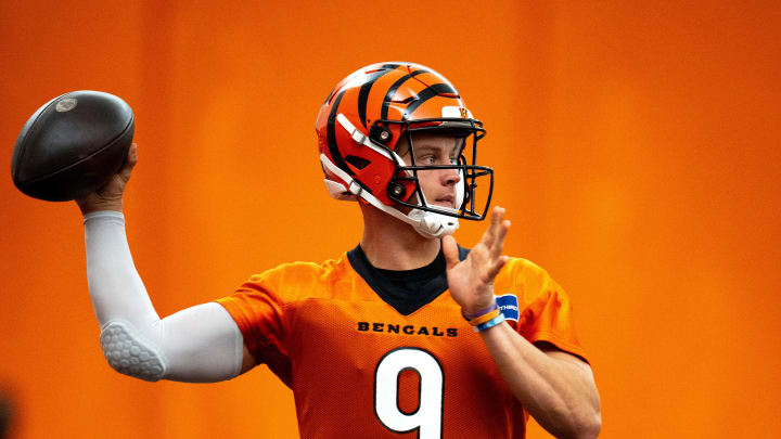 Cincinnati Bengals quarterback Joe Burrow (9) throws a pass at Bengals spring practice at the IEL Indoor Facility in Cincinnati on Tuesday, June 11, 2024.