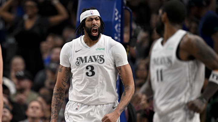 Feb 8, 2025; Dallas, Texas, USA; Dallas Mavericks forward Anthony Davis (3) celebrates after he dunks the ball during the second quarter against the Houston Rockets at American Airlines Center. Mandatory Credit: Jerome Miron-Imagn Images
