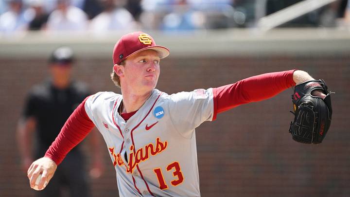 Jun 7, 2026; Chapel Hill, NC, USA; USC Trojans pitcher Andrew Johnson (13) pitches the ball to the North Carolina Tar Heels during the first inning at Boshamer Stadium. Mandatory Credit: Zachary Taft-Imagn Images Jun 7, 2026; Chapel Hill, NC, USA; USC Trojans pitcher Andrew Johnson (13) pitches the ball to the North Carolina Tar Heels during the first inning at Boshamer Stadium. Mandatory Credit: Zachary Taft-Imagn Images