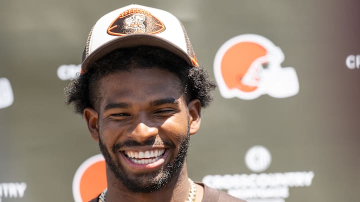 May 10, 2025; Berea, OH, USA; Cleveland Browns quarterback Shedeur Sanders (12) talks to the media during rookie minicamp at CrossCountry Mortgage Campus. Mandatory Credit: Ken Blaze-Imagn Images