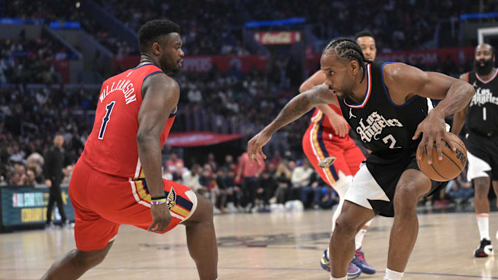 New Orleans Pelicans forward Zion Williamson (1) defends Los Angeles Clippers forward Kawhi Leonard (2) in the second half at Crypto.com Arena. Mandatory Credit: Jayne Kamin-Oncea-Imagn Images New Orleans Pelicans forward Zion Williamson (1) defends Los Angeles Clippers forward Kawhi Leonard (2) in the second half at Crypto.com Arena. Mandatory Credit: Jayne Kamin-Oncea-Imagn Images