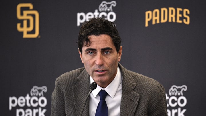 Nov 21, 2023; San Diego, CA, USA; San Diego Padres president of baseball operations and general manager A.J. Preller speaks to the media during a press conference announcing the hiring of manager Mike Shildt (not pictured) at Petco Park. Mandatory Credit: Orlando Ramirez-Imagn Images