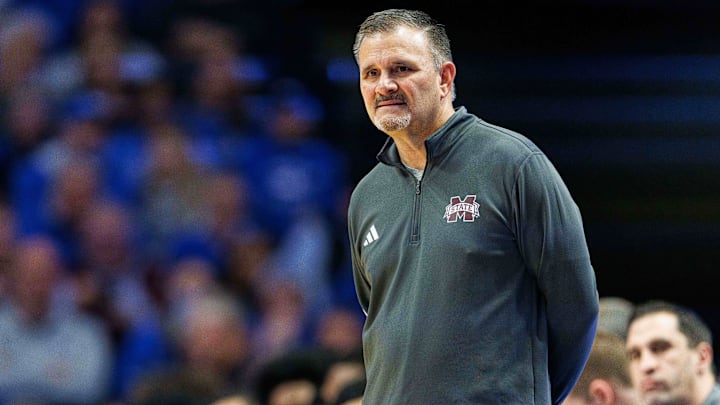 Jan 17, 2024; Lexington, Kentucky, USA; Mississippi State Bulldogs head coach Chris Jans watches the