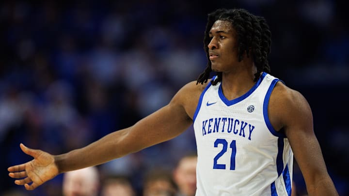 Dec 23, 2025; Lexington, Kentucky, USA; Kentucky Wildcats forward Jayden Quaintance (21) fives a teammate during the first half against the Bellarmine Knights at Rupp Arena at Central Bank Center.