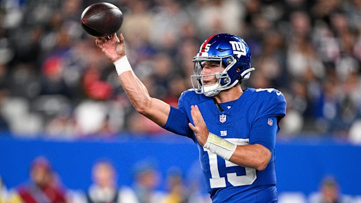 Aug 21, 2025; East Rutherford, New Jersey, USA; New York Giants quarterback Tommy DeVito (15) throws the ball during the third quarter against the New England Patriots at MetLife Stadium. Mandatory Credit: Mark Smith-Imagn Images