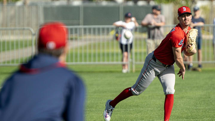 Feb 15, 2025; Lee County, FL; Boston Red Sox pitcher Walker Buehler (0) warms up before taking the field for spring training at Jet Blue Park at Fenway South. Mandatory photo credit: Chris Tilley-Images